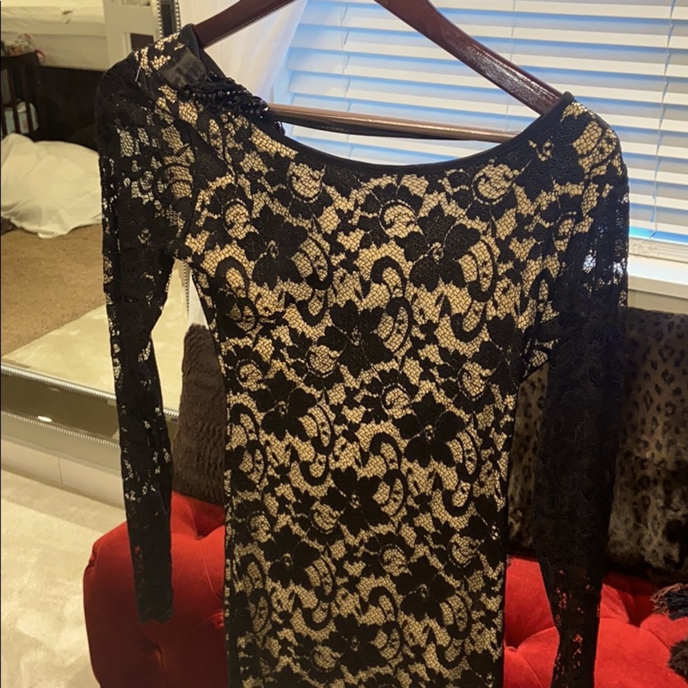 Black cream lace sleeved lace dress